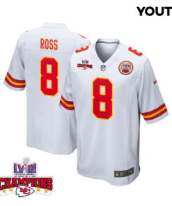 Justyn Ross 8 Kansas City Chiefs Super Bowl LVIII Champions 4 Stars Patch Game YOUTH Jersey - White JS2529 nicesnker
