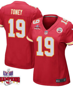 Kadarius Toney 19 Kansas City Chiefs Super Bowl LVIII Champions 4 Stars Patch Game Women Jersey - Red JS4698 nicesnker