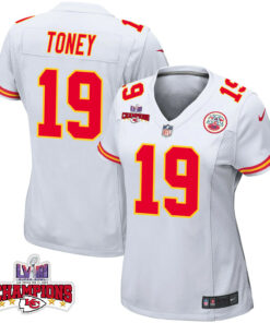 Kadarius Toney 19 Kansas City Chiefs Super Bowl LVIII Champions 4 Stars Patch Game Women Jersey - White JS6282 nicesnker