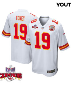 Kadarius Toney 19 Kansas City Chiefs Super Bowl LVIII Champions 4 Stars Patch Game YOUTH Jersey - White JS5494 nicesnker