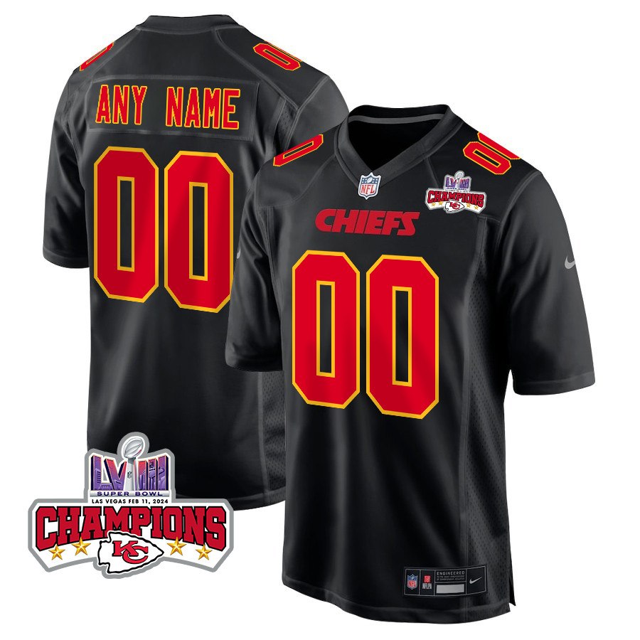 Kansas City Chiefs Super Bowl LVIII Champions 4 Stars Patch Fashion Game Custom Men Jersey - Carbon Black JS3908 nicesnker
