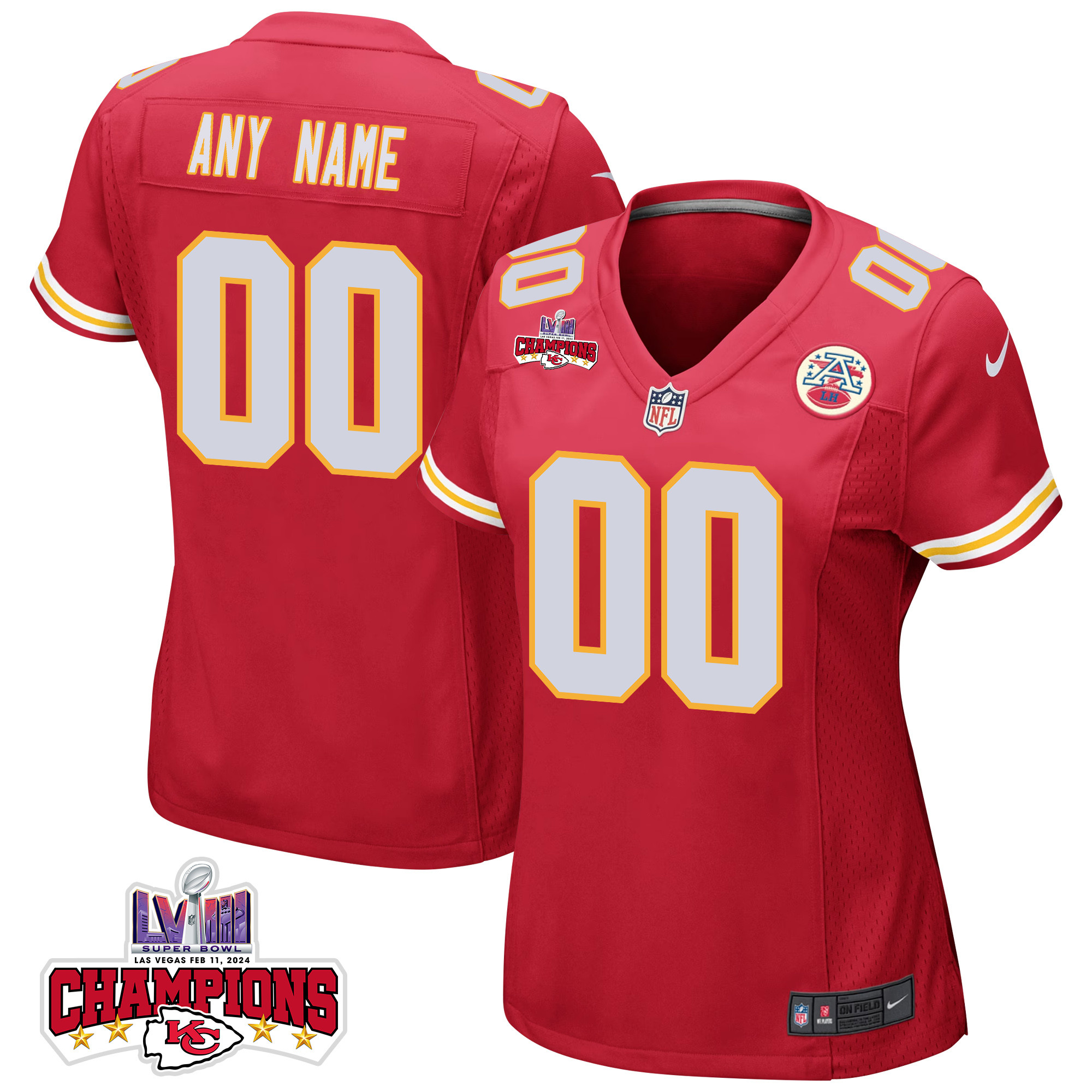Kansas City Chiefs Super Bowl LVIII Champions 4 Stars Patch Game Custom Women Jersey - Red JS6086 nicesnker