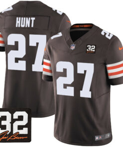 Kareem Hunt 27 Cleveland Browns Jim Brown Memorial Patch Game Men Jersey - Brown JS4499 nicesnker