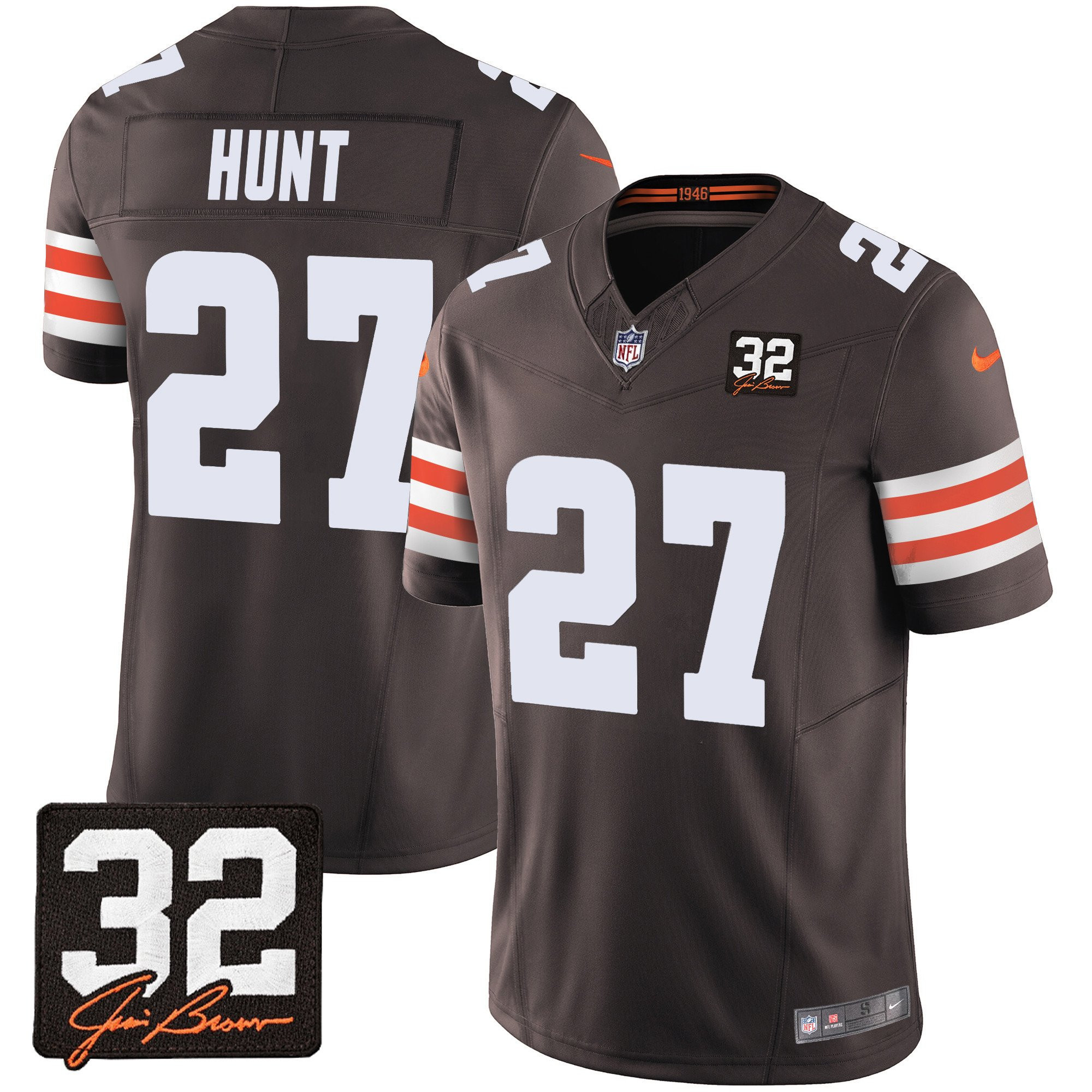 Kareem Hunt 27 Cleveland Browns Jim Brown Memorial Patch Game Men Jersey - Brown JS4499 nicesnker