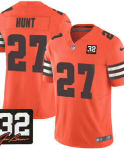 Kareem Hunt 27 Cleveland Browns Jim Brown Memorial Patch Game Men Jersey - Orange JS3986 nicesnker