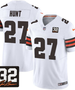 Kareem Hunt 27 Cleveland Browns Jim Brown Memorial Patch Game Men Jersey - White JS9148 nicesnker