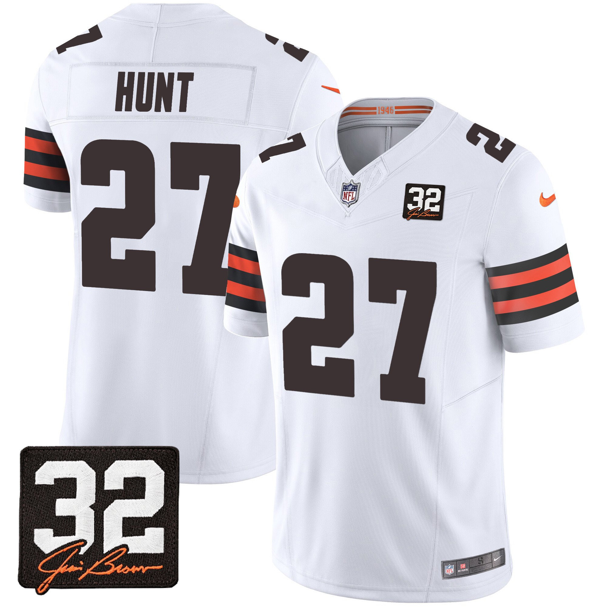 Kareem Hunt 27 Cleveland Browns Jim Brown Memorial Patch Game Men Jersey - White JS9148 nicesnker