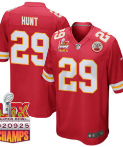 Kareem Hunt 29 Kansas City Chiefs Super Bowl LIX Champions Patch Game Men Jersey - Red JS7081 nicesnker