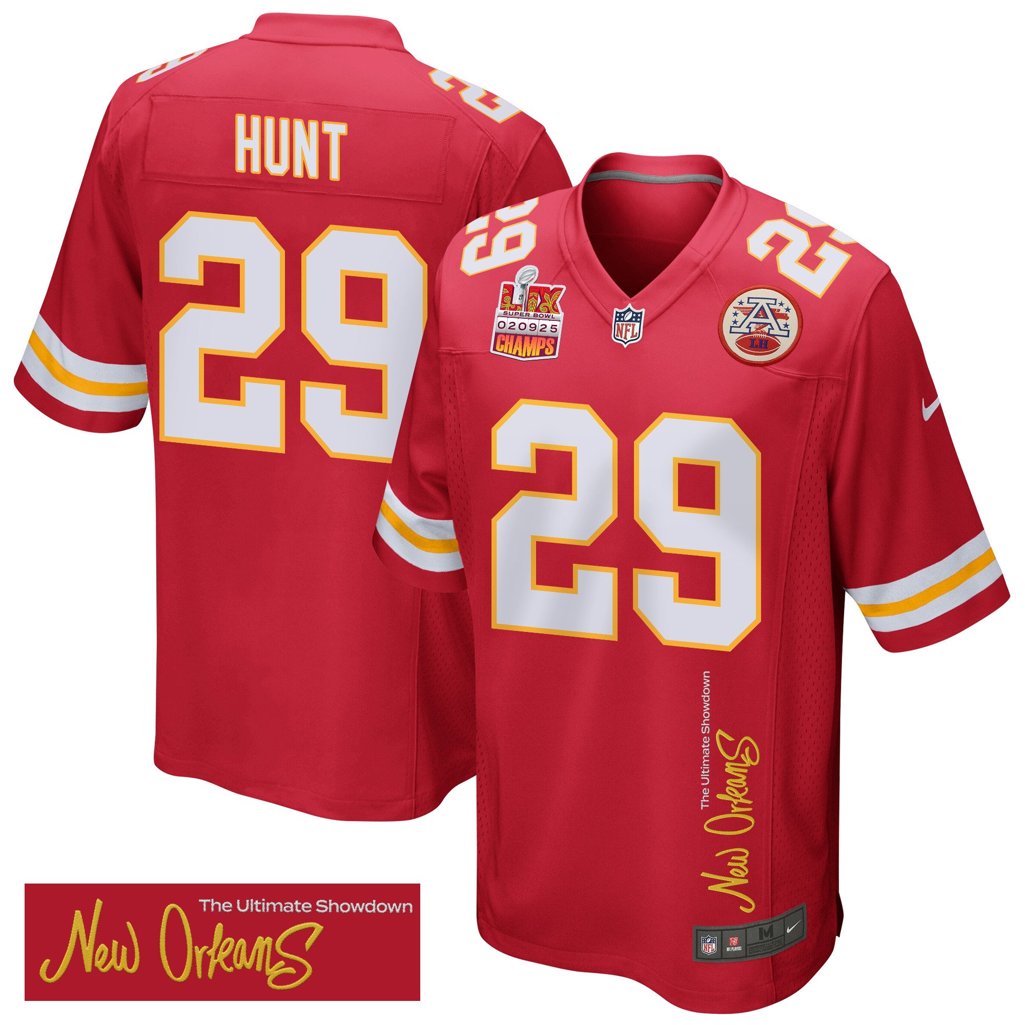 Kareem Hunt 29 Kansas City Chiefs Super Bowl LIX Champions Patch 'New Orleans - The Ultimate Showdown' EMBROIDERED Game Men Jersey - Red JS2443 nicesnker