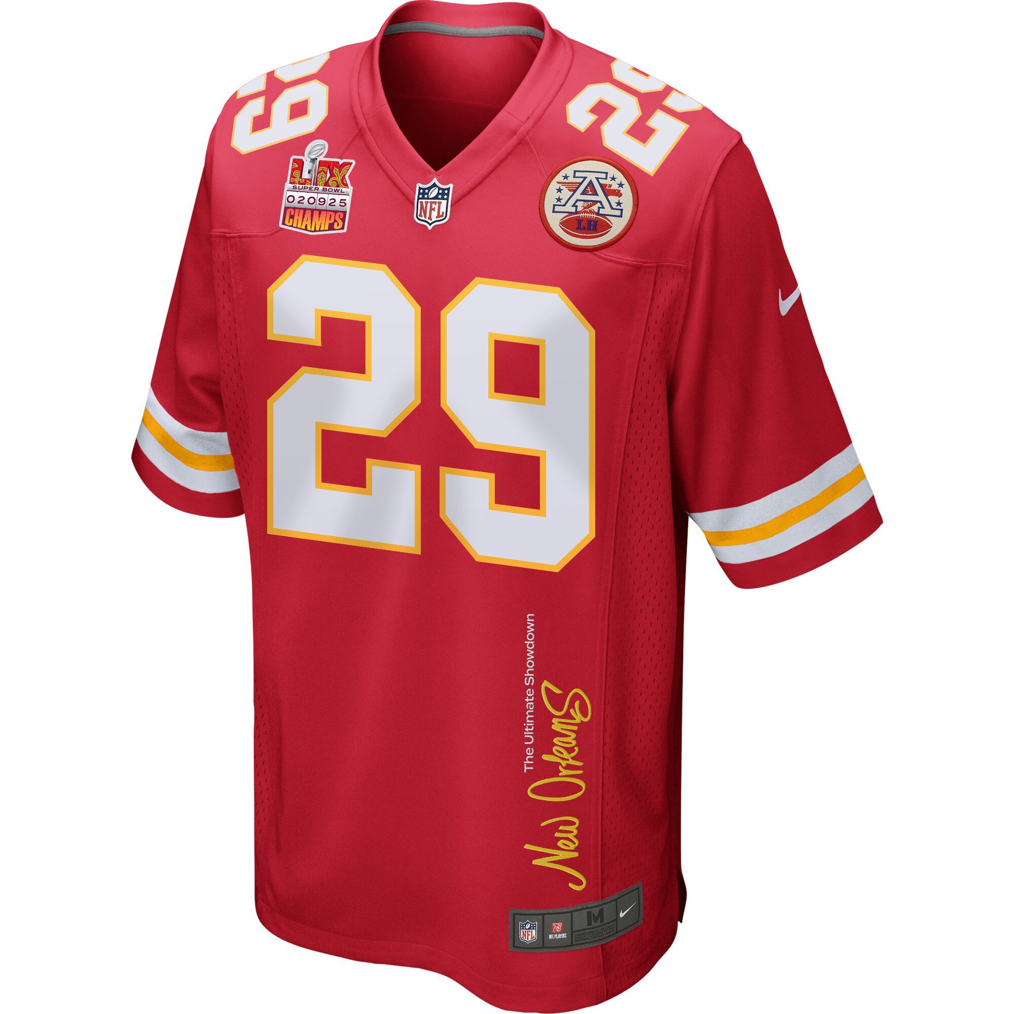 Kareem Hunt 29 Kansas City Chiefs Super Bowl LIX Champions Patch 'New Orleans - The Ultimate Showdown' EMBROIDERED Game Men Jersey - Red JS2443 nicesnker - Image 3