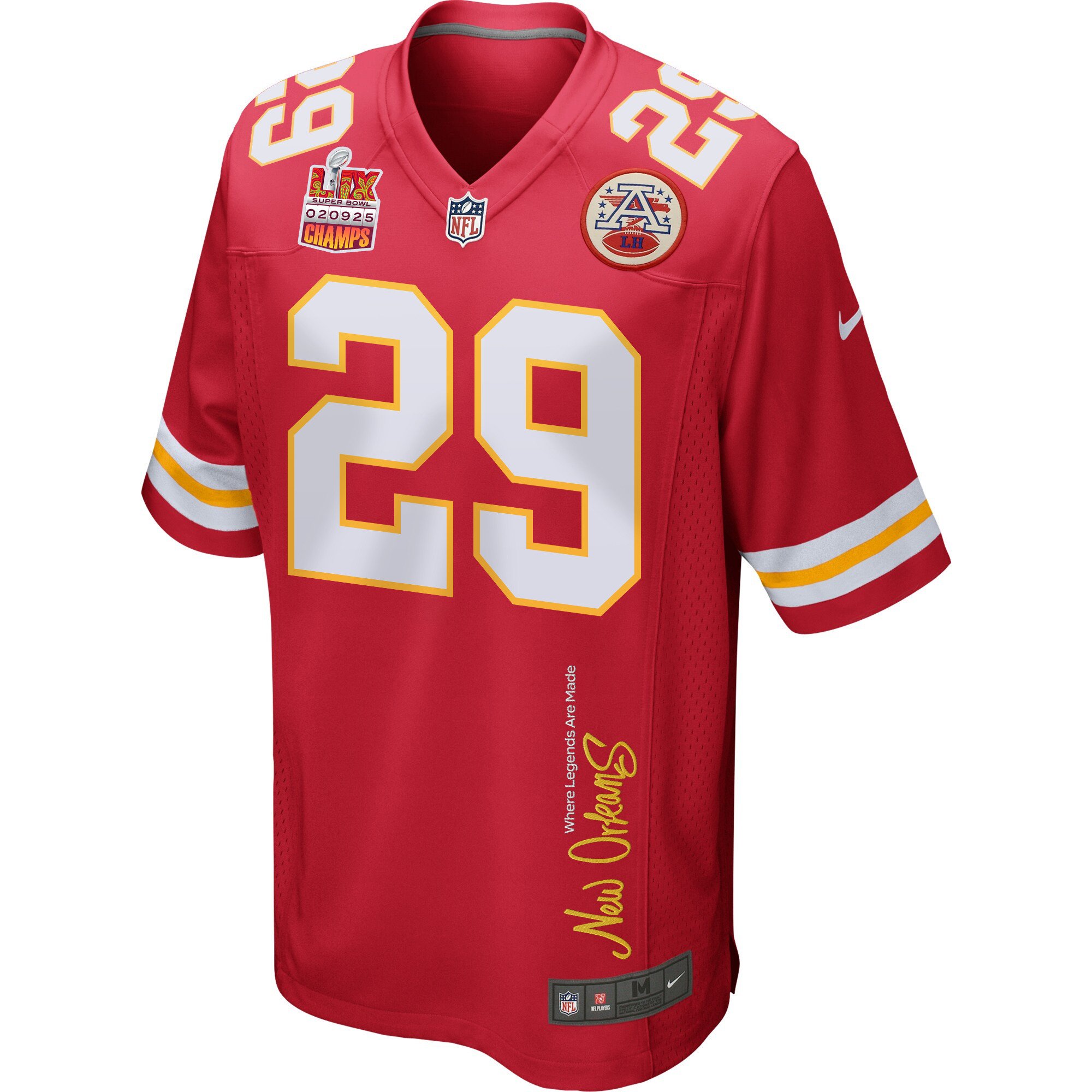 Kareem Hunt 29 Kansas City Chiefs Super Bowl LIX Champions Patch 'New Orleans - Where Legends Are Made' EMBROIDERED Game Men Jersey - Red JS5162 nicesnker - Image 3