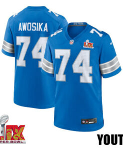 Kayode Awosika #74 Detroit Lions Super Bowl LIX YOUTH Jersey - Blue JS3935 nicesnker