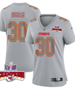 Keaontay Ingram 30 Kansas City Chiefs Super Bowl LVIII Champions 4 Stars Patch Atmosphere Fashion Game Women Jersey - Gray JS1125 nicesnker