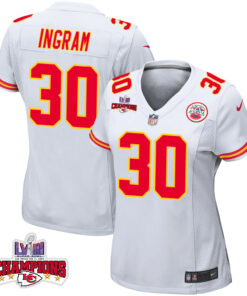 Keaontay Ingram 30 Kansas City Chiefs Super Bowl LVIII Champions 4 Stars Patch Game Women Jersey - White JS9951 nicesnker
