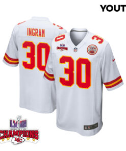 Keaontay Ingram 30 Kansas City Chiefs Super Bowl LVIII Champions 4 Stars Patch Game YOUTH Jersey - White JS1370 nicesnker