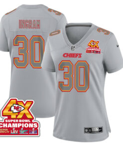 Keaontay Ingram 30 Kansas City Chiefs Super Bowl LVIII Champions 4X Atmosphere Fashion Game Women Jersey - Gray JS9985 nicesnker