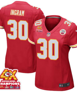 Keaontay Ingram 30 Kansas City Chiefs Super Bowl LVIII Champions 4X Game Women Jersey - Red JS1491 nicesnker