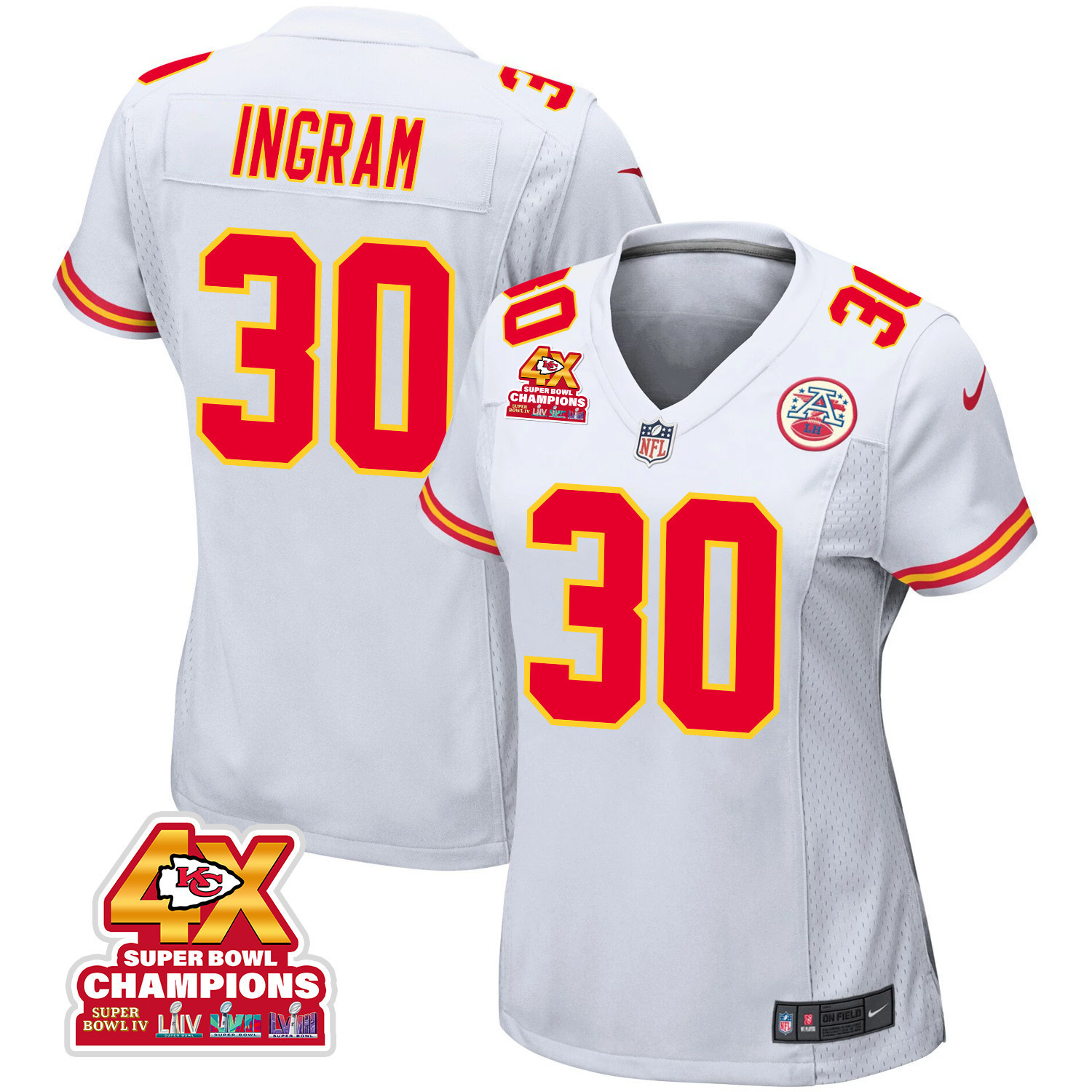 Keaontay Ingram 30 Kansas City Chiefs Super Bowl LVIII Champions 4X Game Women Jersey - White JS6273 nicesnker