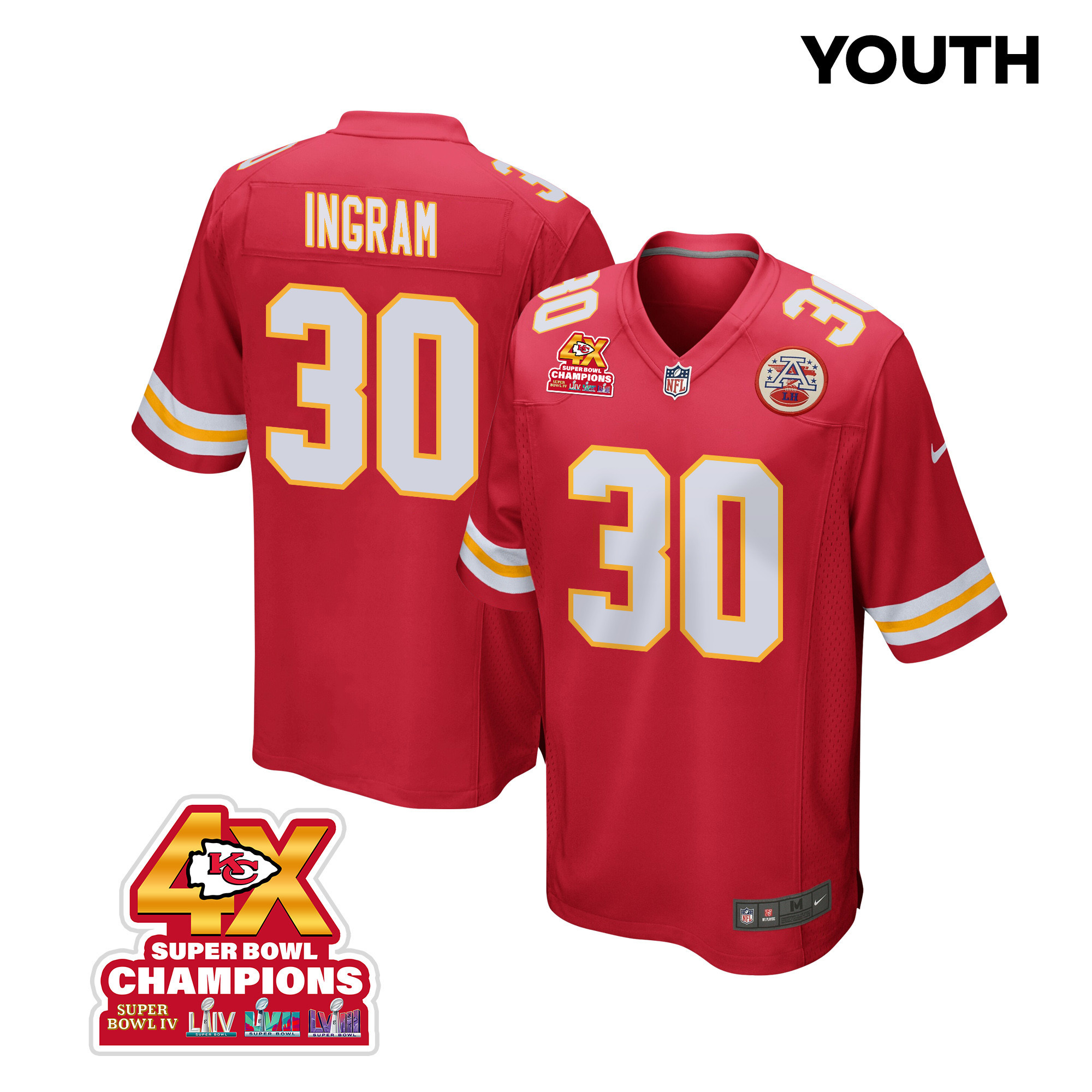 Keaontay Ingram 30 Kansas City Chiefs Super Bowl LVIII Champions 4X Game YOUTH Jersey - Red JS8185 nicesnker