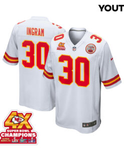 Keaontay Ingram 30 Kansas City Chiefs Super Bowl LVIII Champions 4X Game YOUTH Jersey - White JS1398 nicesnker