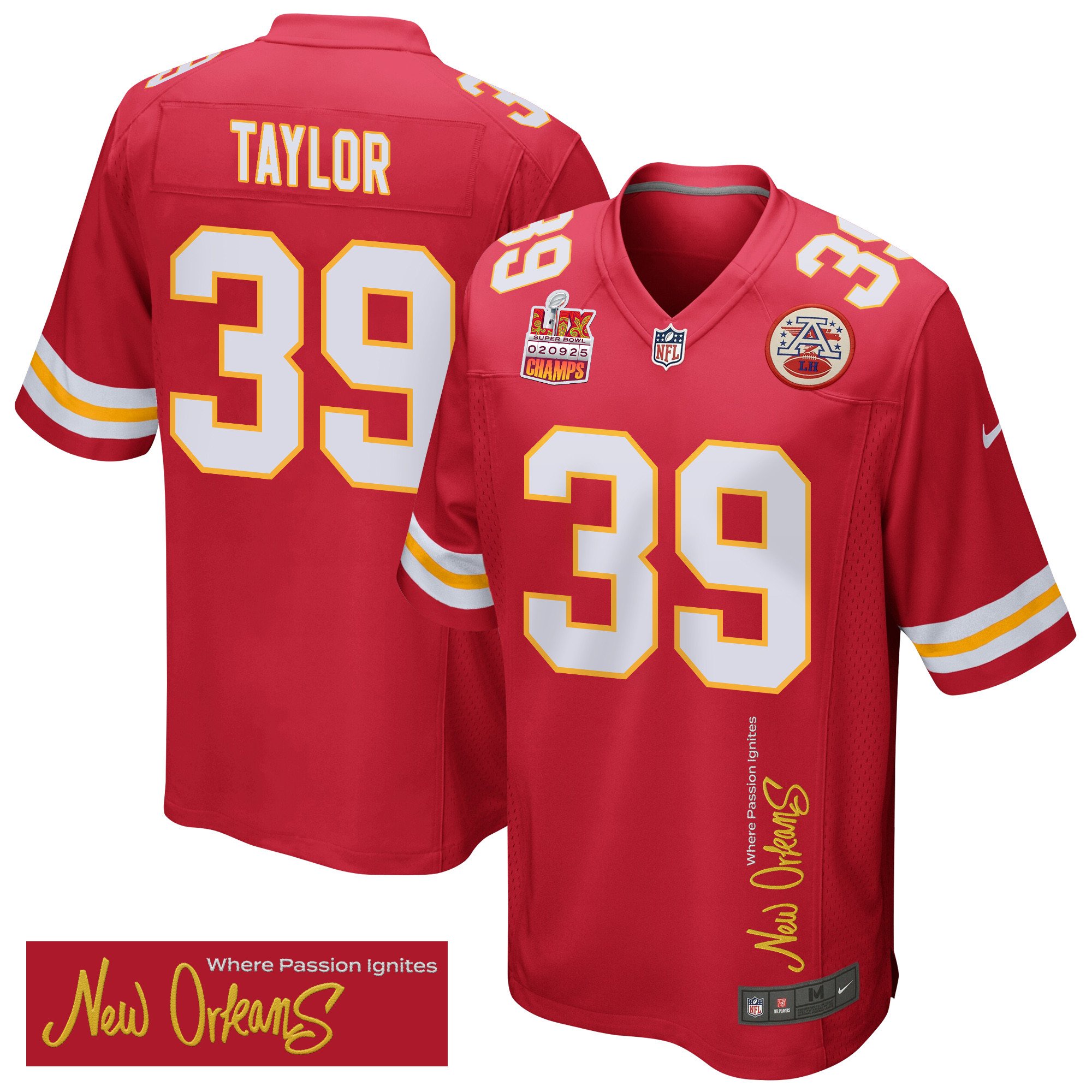 Keith Taylor 39 Kansas City Chiefs Super Bowl LIX Champions Patch 'New Orleans - Where Passion Ignites' EMBROIDERED Game Men Jersey - Red JS2198 nicesnker