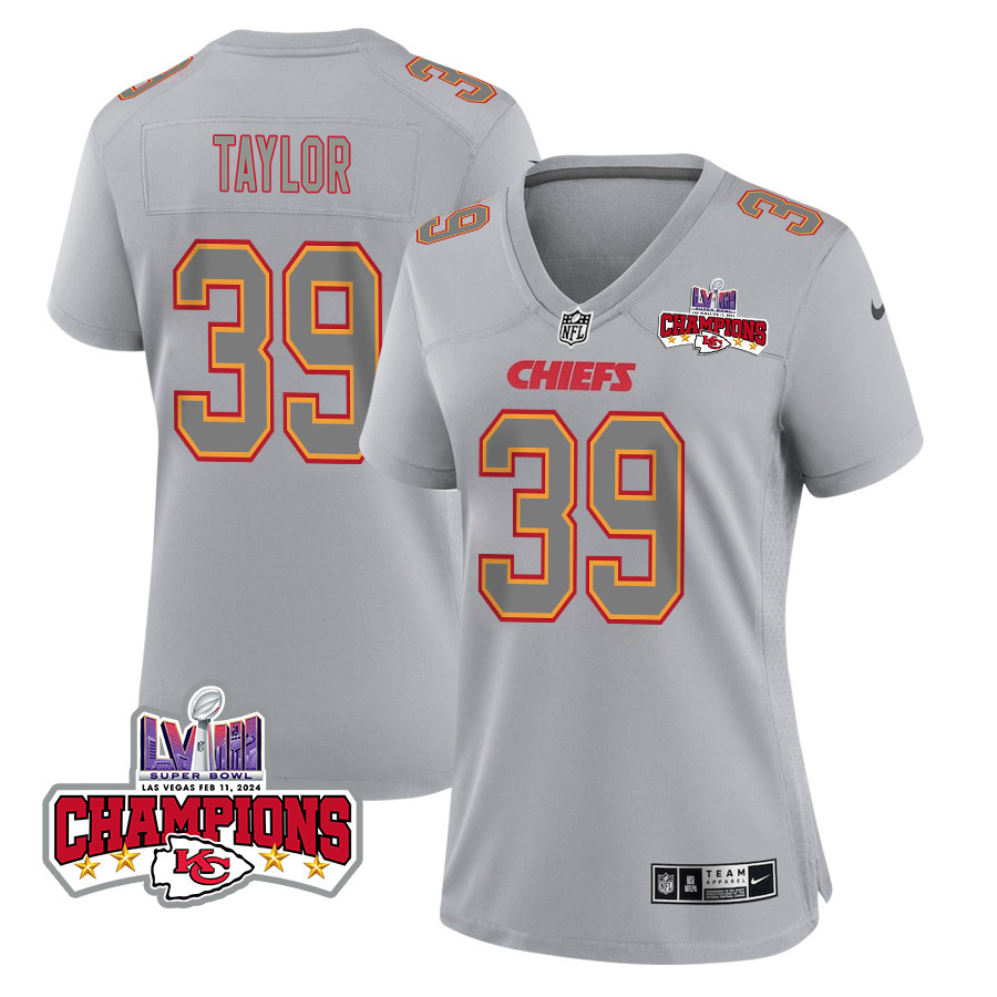 Keith Taylor 39 Kansas City Chiefs Super Bowl LVIII Champions 4 Stars Patch Atmosphere Fashion Game Women Jersey - Gray JS6992 nicesnker