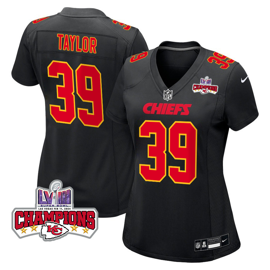 Keith Taylor 39 Kansas City Chiefs Super Bowl LVIII Champions 4 Stars Patch Fashion Game Women Jersey - Carbon Black JS7501 nicesnker