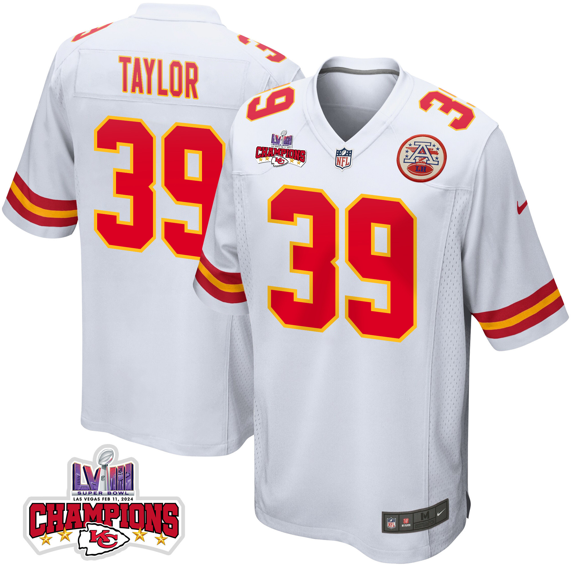 Keith Taylor 39 Kansas City Chiefs Super Bowl LVIII Champions 4 Stars Patch Game Men Jersey - White JS4960 nicesnker