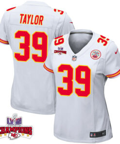 Keith Taylor 39 Kansas City Chiefs Super Bowl LVIII Champions 4 Stars Patch Game Women Jersey - White JS3481 nicesnker
