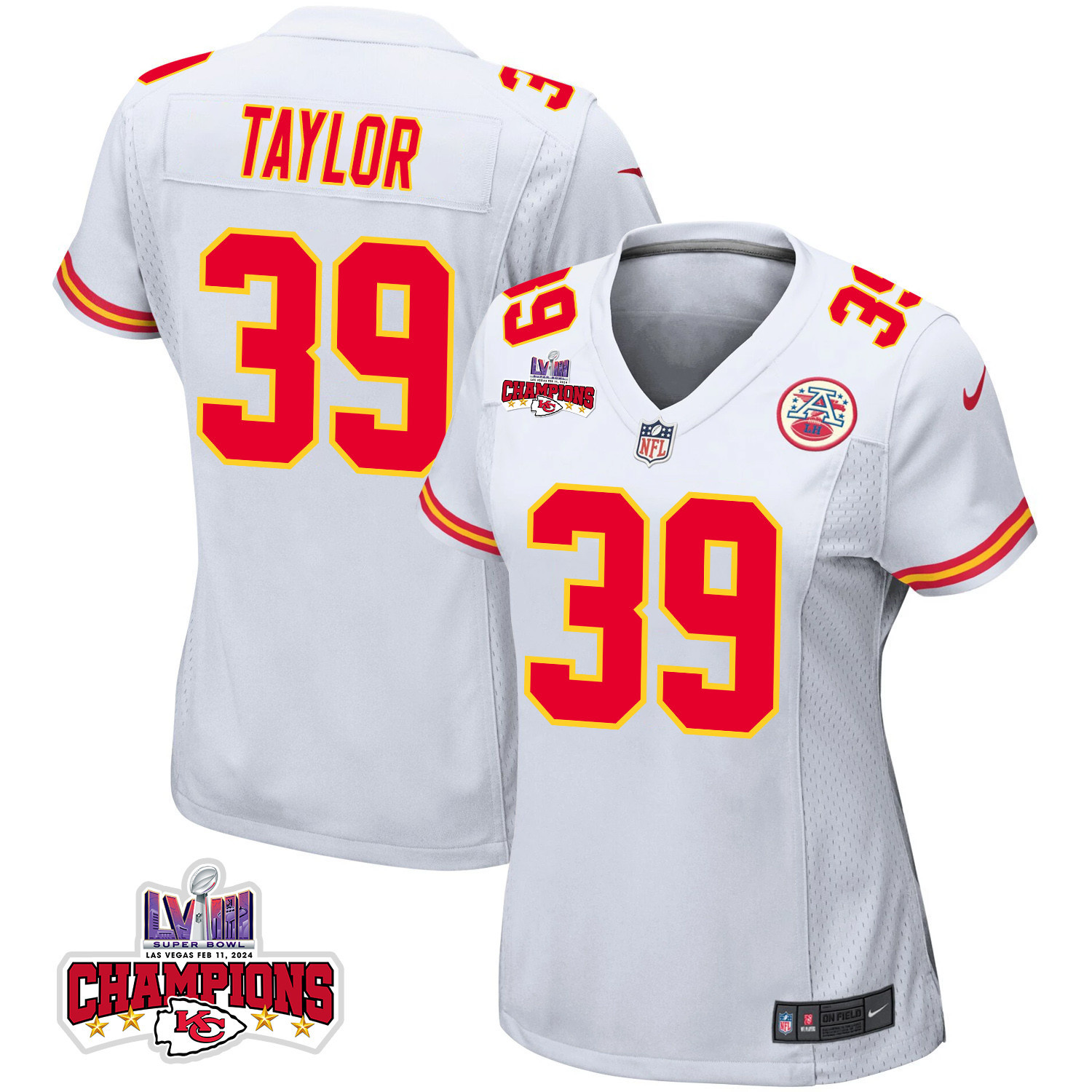 Keith Taylor 39 Kansas City Chiefs Super Bowl LVIII Champions 4 Stars Patch Game Women Jersey - White JS3481 nicesnker