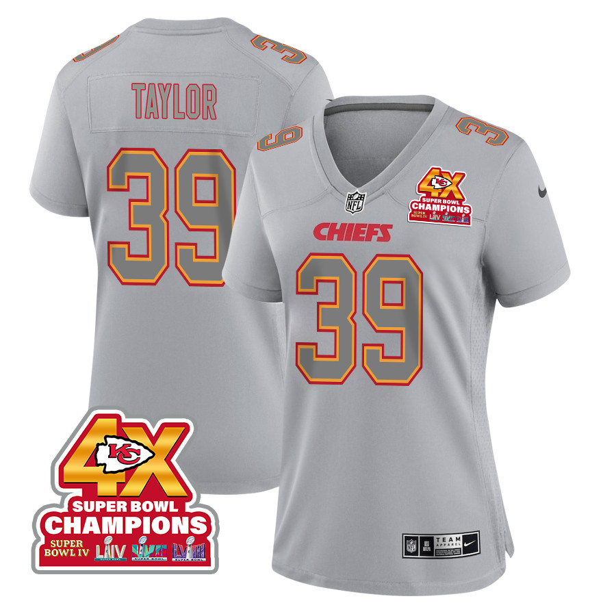 Keith Taylor 39 Kansas City Chiefs Super Bowl LVIII Champions 4X Atmosphere Fashion Game Women Jersey - Gray JS7083 nicesnker