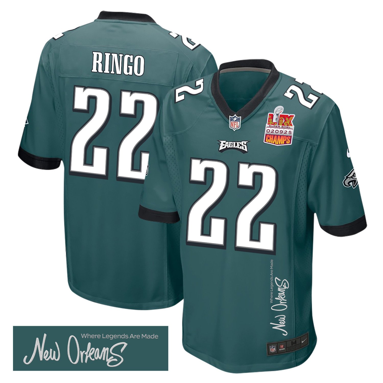Kelee Ringo 22 Philadelphia Eagles Super Bowl LIX Champions Patch 'New Orleans - Where Legends Are Made' EMBROIDERED Game Men Jersey - Midnight Green JS8155 nicesnker