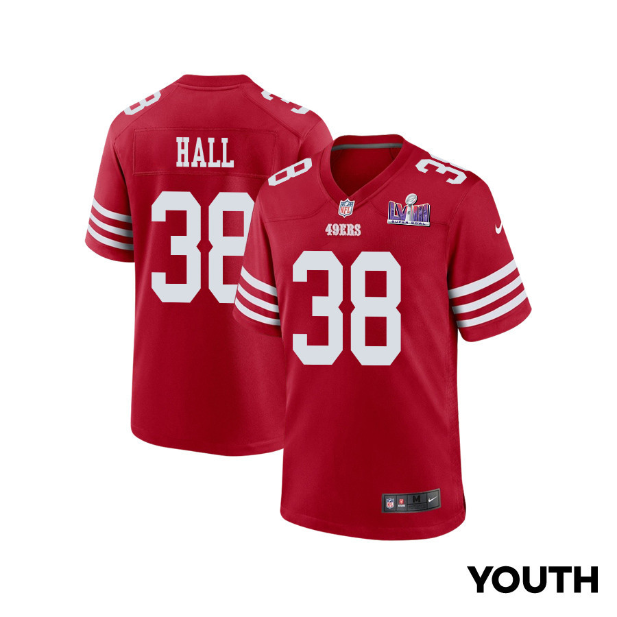 Kemon Hall 38 San Francisco 49ers Super Bowl LVIII Patch Game YOUTH Jersey - Scarlet JS1621 nicesnker