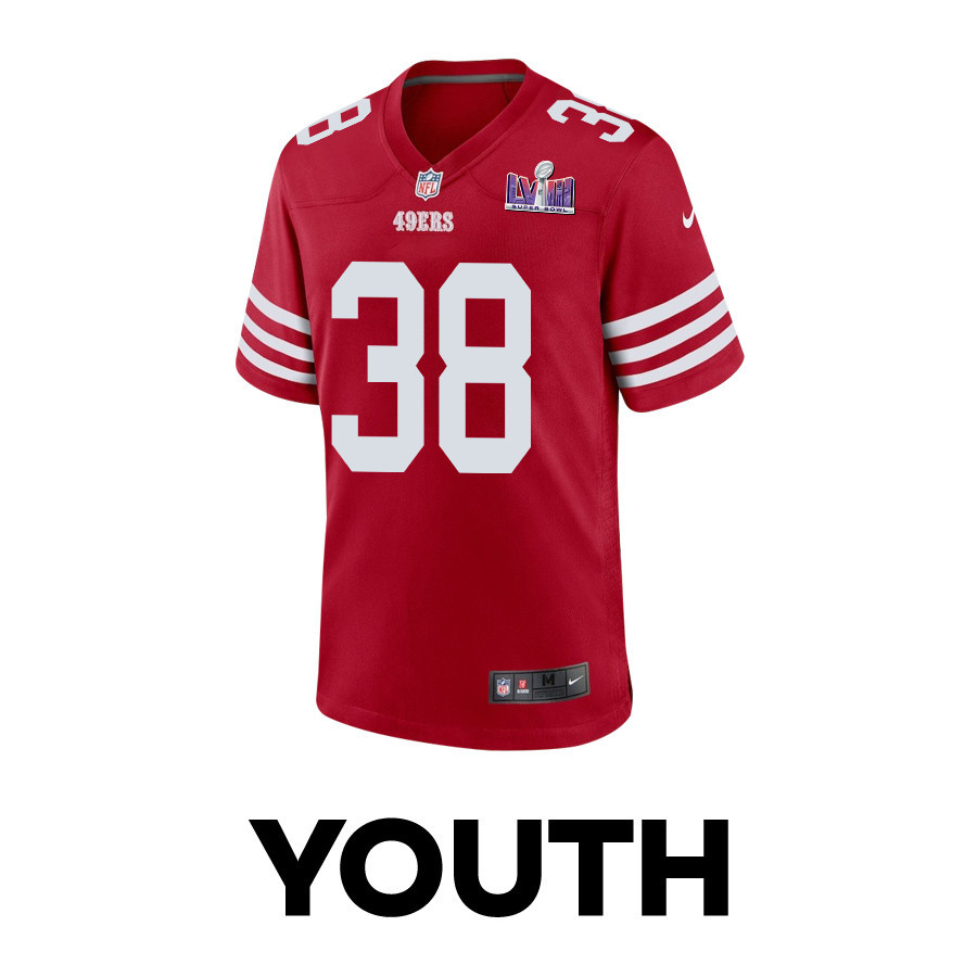 Kemon Hall 38 San Francisco 49ers Super Bowl LVIII Patch Game YOUTH Jersey - Scarlet JS1621 nicesnker - Image 2