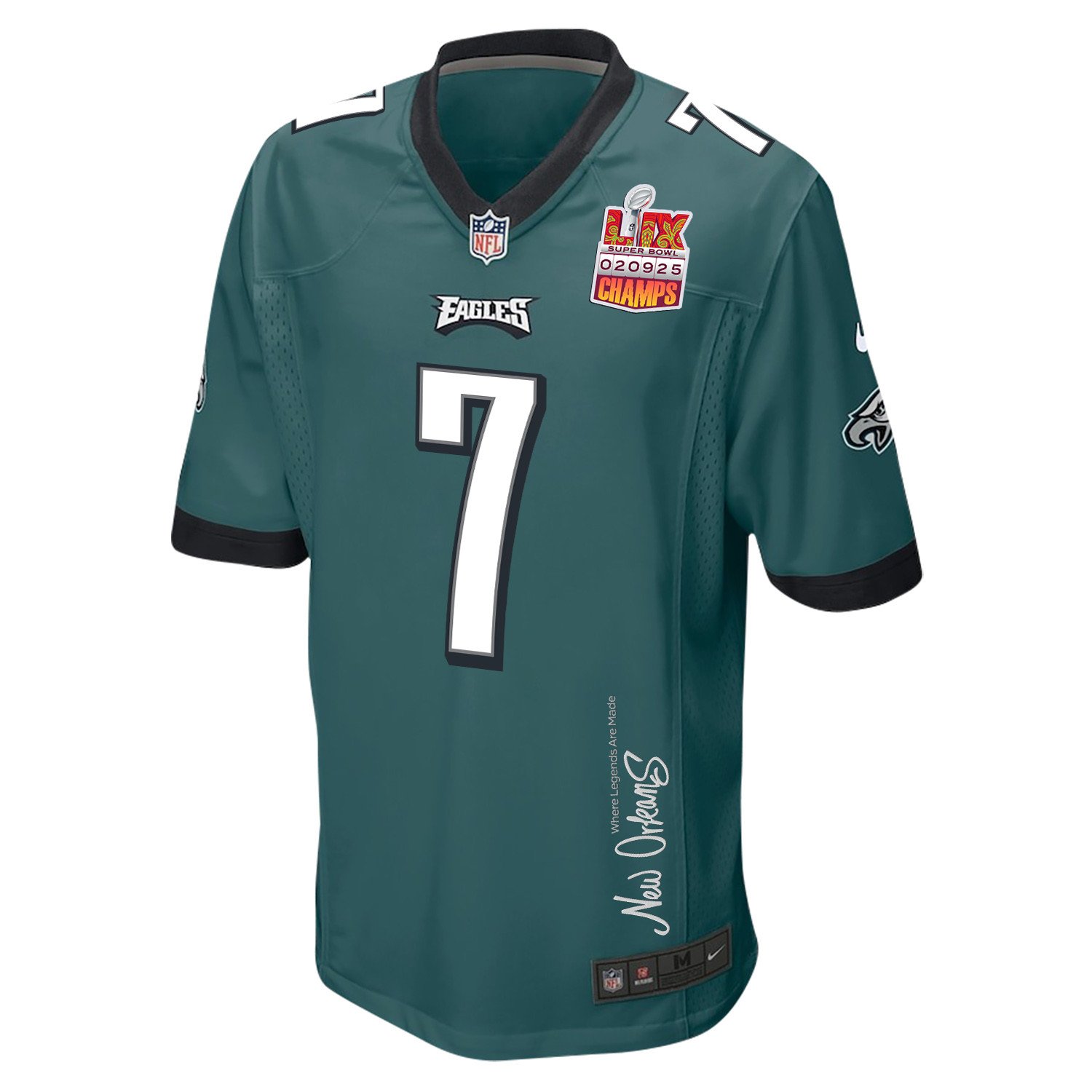 Kenny Pickett 7 Philadelphia Eagles Super Bowl LIX Champions Patch 'New Orleans - Where Legends Are Made' EMBROIDERED Game Men Jersey - Midnight Green JS8564 nicesnker - Image 3