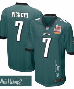 Kenny Pickett 7 Philadelphia Eagles Super Bowl LIX Champions Patch 'New Orleans - Where Passion Ignites' EMBROIDERED Game Men Jersey - Midnight Green JS8933 nicesnker