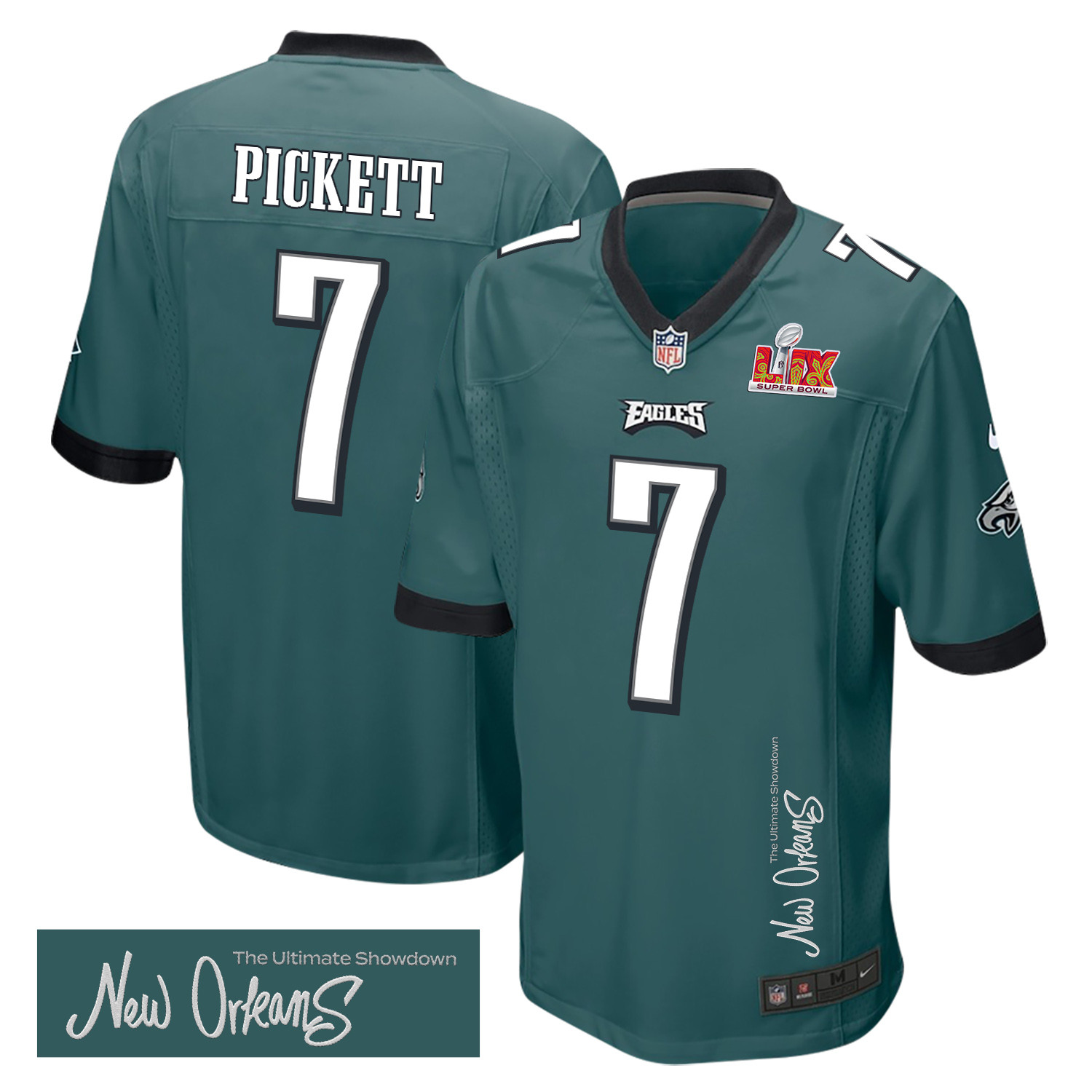 Kenny Pickett 7 Philadelphia Eagles Super Bowl LIX 'New Orleans - The Ultimate Showdown' EMBROIDERED Game Men Jersey - Midnight Green JS1780 nicesnker