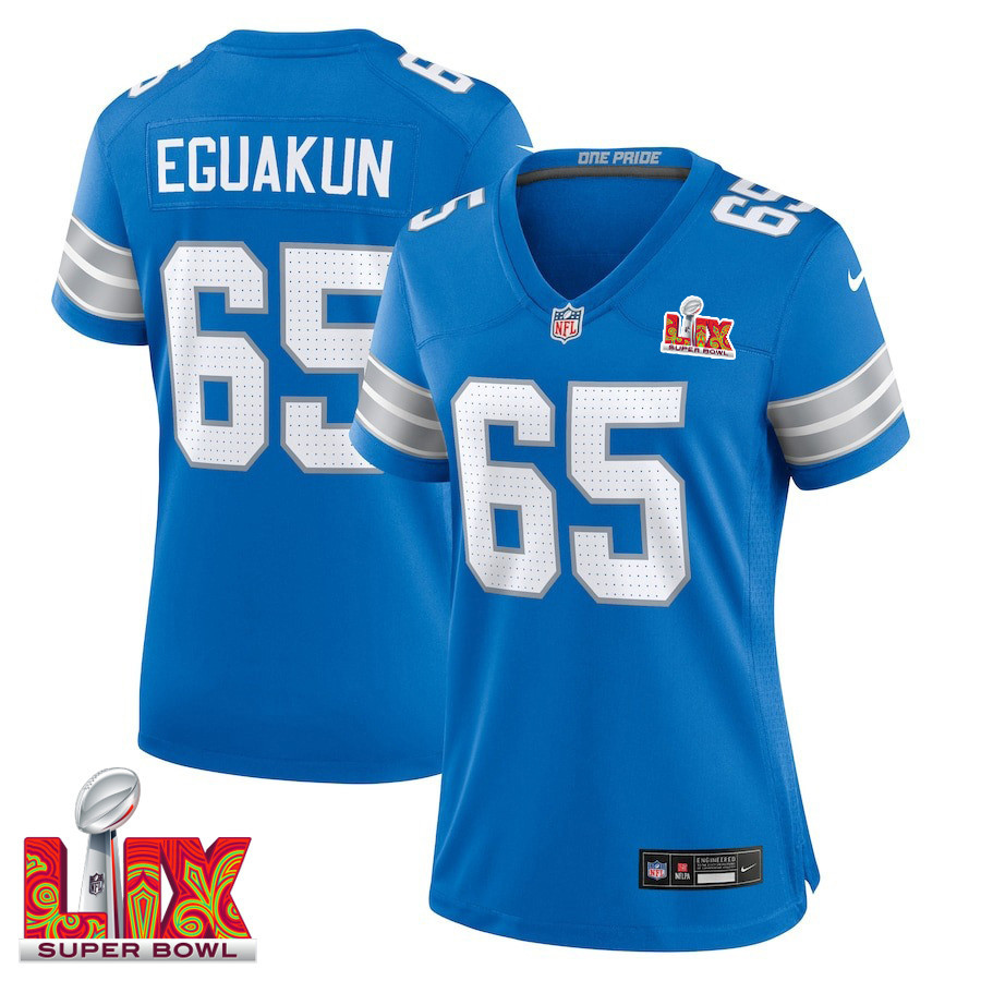 Kingsley Eguakun #65 Detroit Lions Super Bowl LIX Women's Jersey - Blue JS1275 nicesnker