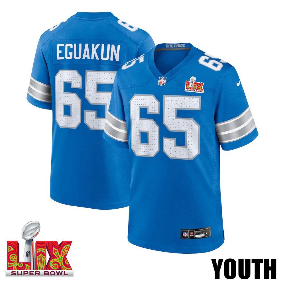 Kingsley Eguakun #65 Detroit Lions Super Bowl LIX YOUTH Jersey - Blue JS5911 nicesnker