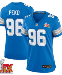 Kyle Peko #96 Detroit Lions Super Bowl LIX Women's Jersey - Blue JS8264 nicesnker
