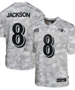 Lamar Jackson 8 Baltimore Ravens 2024 Salute to Service Game YOUTH Jersey - Arctic Camo JS1721 nicesnker