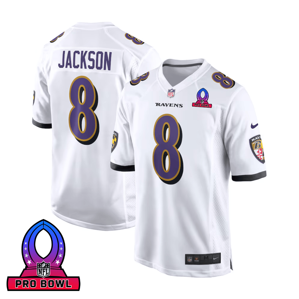 Lamar Jackson 8 Baltimore Ravens 2025 Pro Bowl Patch Game Men Jersey - White JS7358 nicesnker
