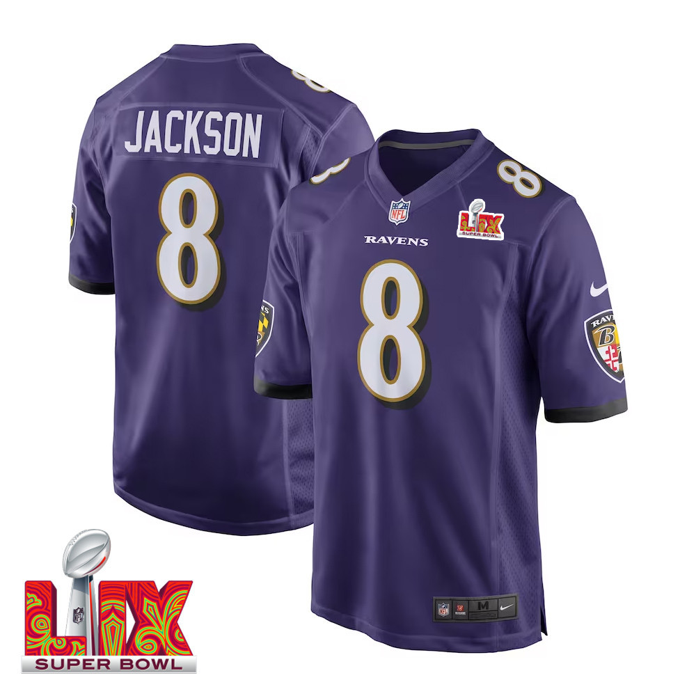 Lamar Jackson #8 Baltimore Ravens Super Bowl LIX Jersey - Men's - Purple JS2550 nicesnker