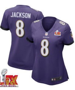 Lamar Jackson #8 Baltimore Ravens Super Bowl LIX Women's Jersey - Purple JS8337 nicesnker