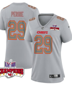 La'Mical Perine 29 Kansas City Chiefs Super Bowl LVIII Champions 4 Stars Patch Atmosphere Fashion Game Women Jersey - Gray JS9820 nicesnker