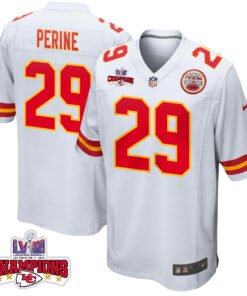 La'Mical Perine 29 Kansas City Chiefs Super Bowl LVIII Champions 4 Stars Patch Game Men Jersey - White JS1615 nicesnker