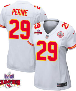 La'Mical Perine 29 Kansas City Chiefs Super Bowl LVIII Champions 4 Stars Patch Game Women Jersey - White JS5583 nicesnker