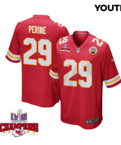 La'Mical Perine 29 Kansas City Chiefs Super Bowl LVIII Champions 4 Stars Patch Game YOUTH Jersey - Red JS7064 nicesnker