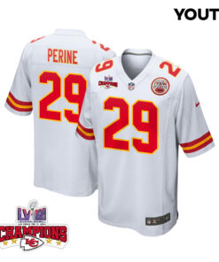 La'Mical Perine 29 Kansas City Chiefs Super Bowl LVIII Champions 4 Stars Patch Game YOUTH Jersey - White JS3042 nicesnker