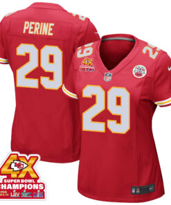 La'Mical Perine 29 Kansas City Chiefs Super Bowl LVIII Champions 4X Game Women Jersey - Red JS9649 nicesnker